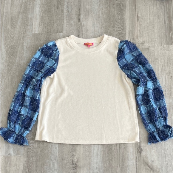 THML Denim Patchwork Puff Sleeve Top Short Long Sleeve White Blue Women L Cotton - Picture 2 of 12